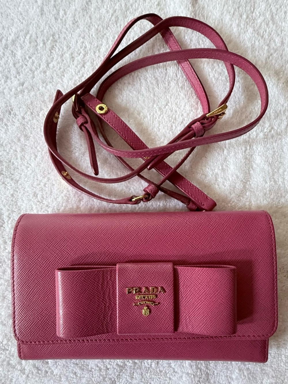 Prada Rose Pink Saffiano Bow Crossbody Wallet / Crossbody - Picture 1 of 16